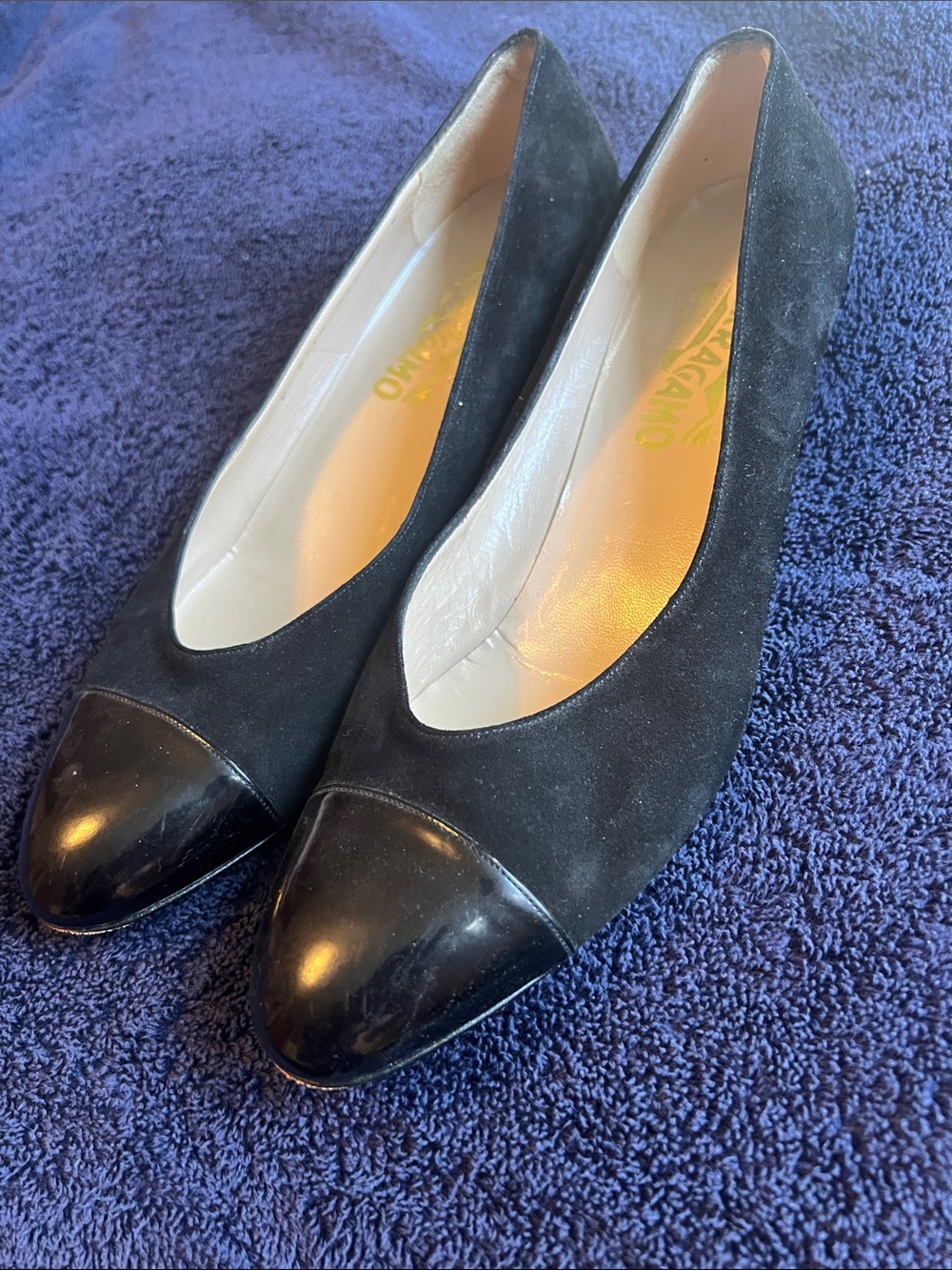 Salvatore Ferragamo Black Suede Ballet Wedge with Glossy Patent Cap Toe size 10